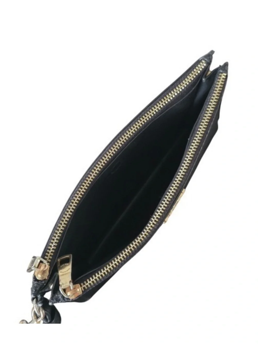 Coach Womens Black Crossgrain Leather Double Zip Wristlet Clutch Gold Hardware